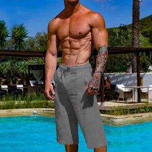 Men's breathable grey linen-cotton cropped pants for summer casual outdoor sports