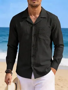 Close-up of men's vintage black cotton linen shirt with front pocket and buttons