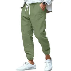 Ανδρικό βαμβακερό λινό παντελόνι jogger σε λαδί χρώμα με κορδόνι για το καλοκαίρι