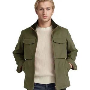 Veste de travail élégante pour homme vert olive avec plusieurs poches et col à revers