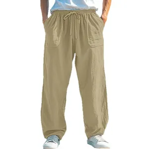 Men's loose khaki casual pants with drawstring waist and straight leg comfort design