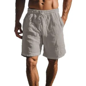 Pantalones cortos de lino para hombre con cordón y cintura elástica en gris claro