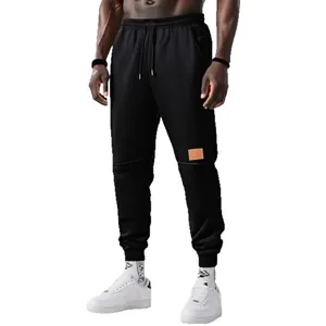 Pantalones deportivos negros de forro polar para hombre, corte ajustado con cordón