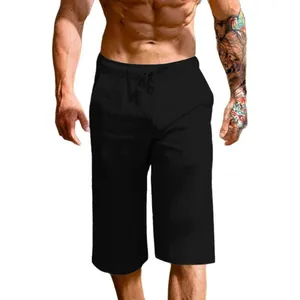Men's loose linen-cotton cropped trousers in black with drawstring waist for summer