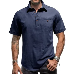 Detail view of men's navy blue cotton linen short sleeve shirt with classic collar