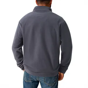 Back view of a men's dark grey half-zip fleece sweatshirt with a high stand collar