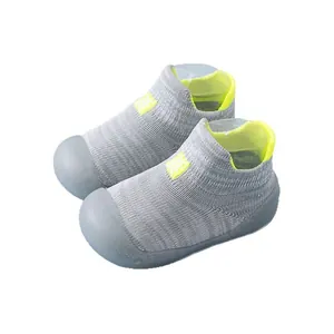 Soft sole non-slip baby walker sock shoes with grey knit and lime green trim
