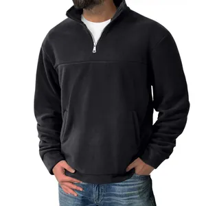 Detail showing the stand collar and metal quarter-zip on a men's black fleece sweatshirt
