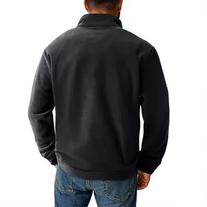 Back view of men's black fleece jacket showing texture and stand-up collar detail