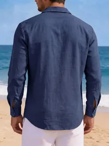 Back view of men's casual retro cotton linen long sleeve shirt in blue gray