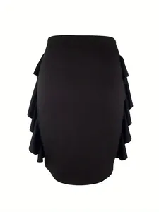 Detail view of a black knitted bodycon skirt featuring elegant side ruffle layers