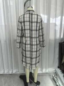 Back view of a long-sleeved plaid shirt dress featuring a classic stand collar.