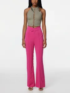 Pantalones de Mujer de Cintura Alta y Pierna Recta Elegantes Pantalones de Traje de Color Sólido de Poliéster y Spandex