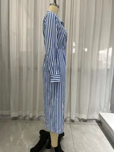 Side view of an elegant blue and white striped long sleeve shirt dress for women.