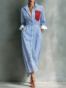 French Elegant Blue White Striped Shirt Dress With Contrast Red Pocket Long Sleeve Maxi Dress For Women Casual Summer Gown