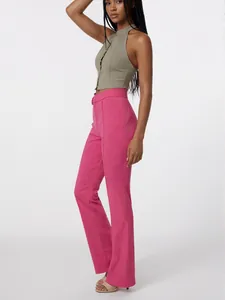 Elegante pantalón rosa vibrante de cintura alta para mujer con corte recto casual pro