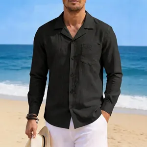 Men's vintage black cotton linen button down long sleeve shirt for beach casual wear