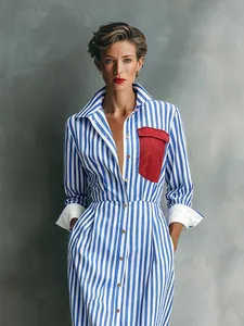 Detail of a French style blue and white striped shirt dress with a bold red pocket