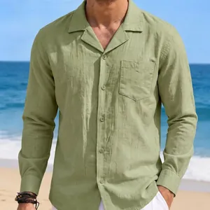 Men's vintage cotton linen long sleeve casual shirt in sage green with chest pocket