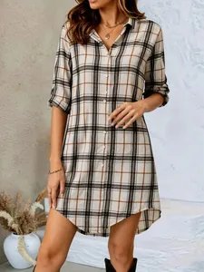 Stylish beige plaid button-down shirt dress with long sleeves for autumn