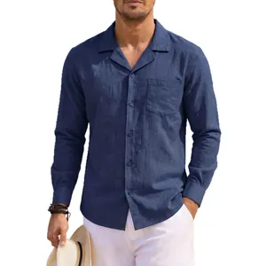 Vintage men's navy blue cotton linen casual loose long sleeve shirt with pocket