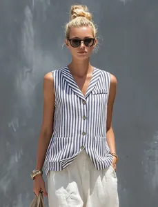 French chic blue and white striped sleeveless vest and white wide-leg trousers set