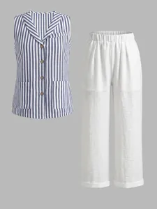 Detailed view of blue white striped sleeveless vest and textured white wide-leg trousers.