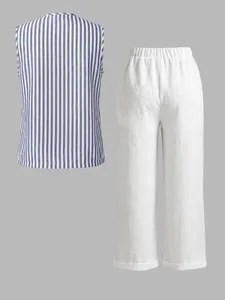 Detailed back view of women's blue white striped vest and white wide-leg pants set