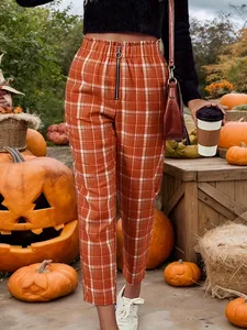 Damen Halloween Karomuster Gerade Hose Lässig Knöchellange Hose Orange Karierte High Waist Bottoms Mit Rundreißverschluss