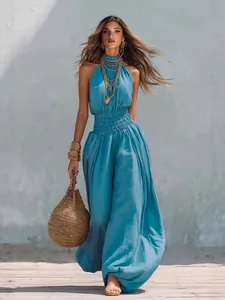 Tuta da Donna Estiva con Scollo all'Americana Senza Maniche a Vita Alta con Pantaloni a Lanterna Tinta Unita Casual Mare in Viscosa