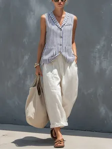 Women French Style Striped Vest And Wide Leg Pants Set Blue White Sleeveless Button Top High Waisted Loose Trousers Two Piece Summer Outfit