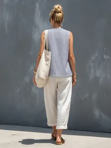 French style blue and white striped vest and white wide-leg pants casual two-piece set for women