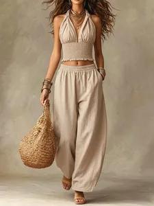 Dames Boheems Halter V-hals Gerimpeld Crop Top en Lantaarnbroek Tweedelige Set Viscose Zomer Vakantie Outfit