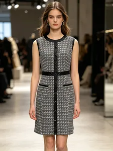 French Vintage Houndstooth Tweed Sleeveless A-Line Dress For Women Contrast Leather Piping Elegant Short Mini Dress Retro Commuter Style