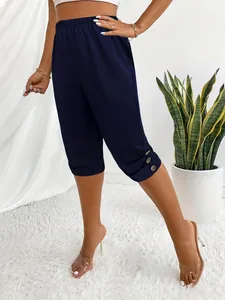 Damen Casual Caprihose Hohe Taille Polyester Elastan Elastischer Bund Dreiviertelhose mit Knöpfen für Sommer Freizeit