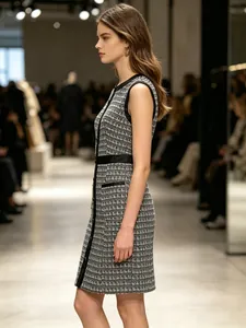 Side profile of a vintage French tweed sleeveless A-line dress with leather trim