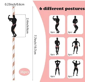 Disposable paper straw with funny bodybuilder muscle man silhouette design for parties.