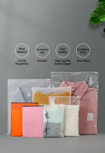 Close-up detail of frosted transparent plastic zipper bags for clothing storage and packaging.