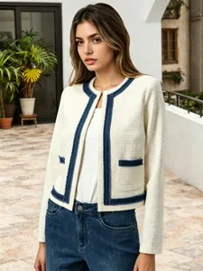 Damen Kurze Jacke Elegant Kontrastbesatz Rundhals Polyester Vintage Rohkante Top Mantel Für Frühling Herbst Casual Pendeln