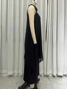 Side profile view of elegant black high-neck sleeveless mesh layered fashion dress set