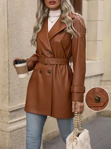 Abrigo de Cuero PU Retro para Mujer de Doble Botonadura Con Cinturón Solapa Largo Medio Ajuste Estrecho Chaqueta Top