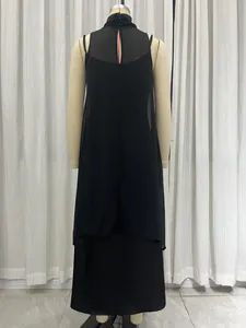 Rear view of black high-neck sleeveless mesh spliced layered dress set on mannequin