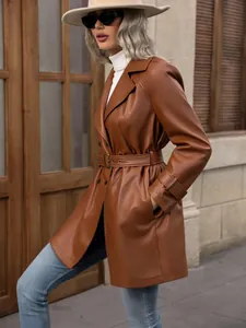 Elegante abrigo de cuero PU marrón vintage con diseño cruzado y cinturón en la cintura