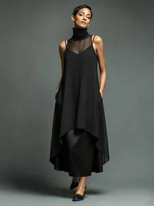 Elegant black two-piece dress set with high-neck mesh stitching and layered hemline