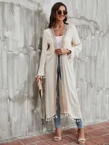 Women Cotton Solid Long Sleeve Long Loose Cardigan Spliced Tassel Lace Sun Protection Beach Cover Up Top For Summer Vacation