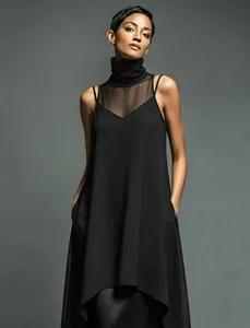 Elegant black high neck mesh sleeveless layered dress set showing premium fabric texture