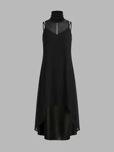 Detail of elegant black mesh spliced high-neck sleeveless layered asymmetrical dress