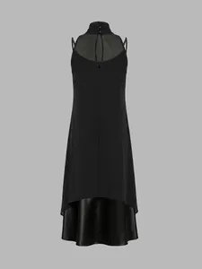 Detailed back view of an elegant black high-neck mesh sleeveless layered dress set