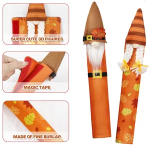 Detailed views of Thanksgiving gnome refrigerator handle covers featuring magic tape and burlap