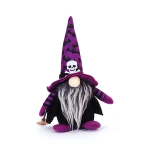 Halloween faceless gnome doll with skull purple bat hat and broom decoration